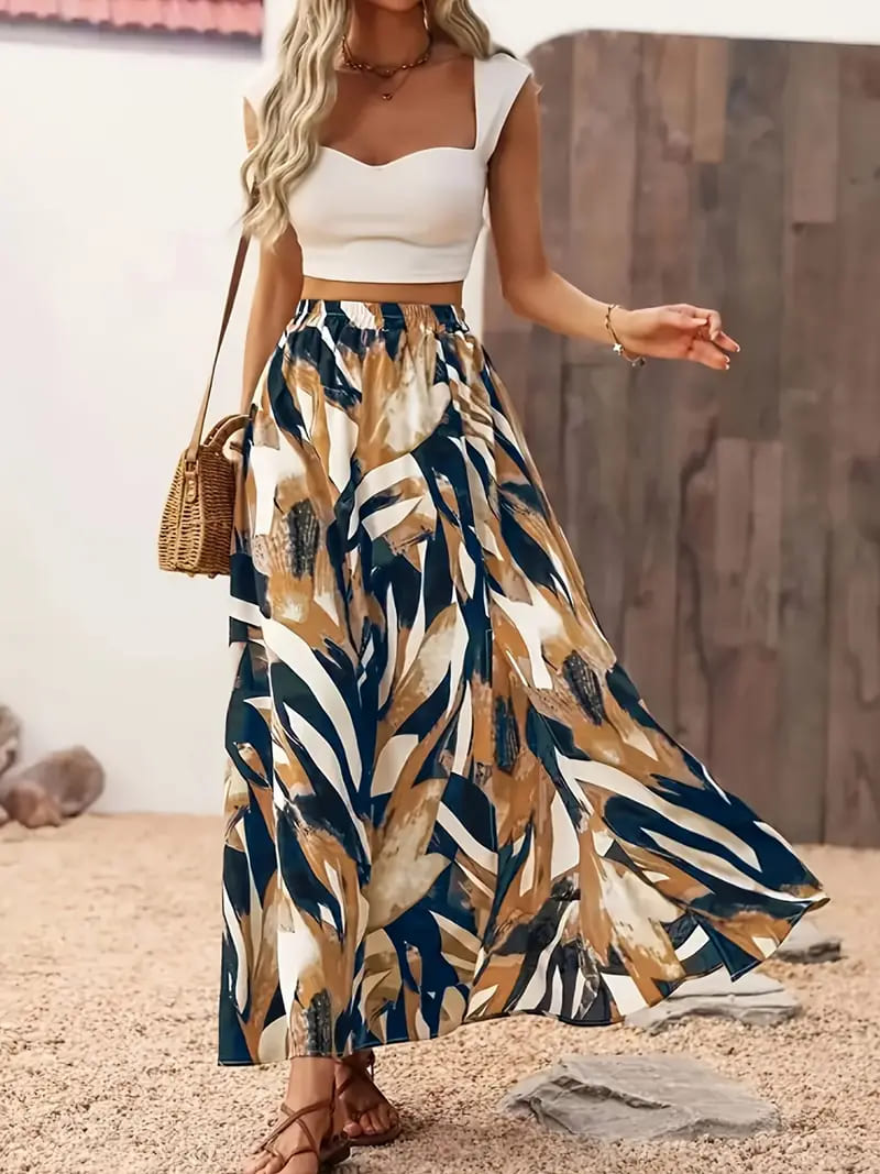 Allover Print High Waist Split Skirt